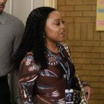 Janine’s brown floral print mesh dress on Abbott Elementary