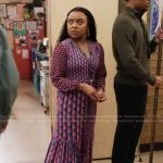 Janine’s blue geometric print wrap dress on Abbott Elementary