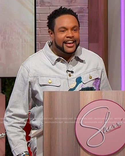 Jawn’s face embroidered denim jacket and jeans on Sherri