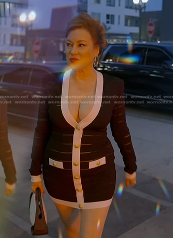 Jennifer’s black mesh stripe mini dress on The Real Housewives of Beverly Hills