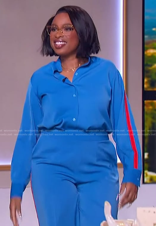 Jennifer’s blue side stripe blouse on The Jennifer Hudson Show