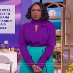 Jennifer’s purple tie neck blouse and pants on The Jennifer Hudson Show