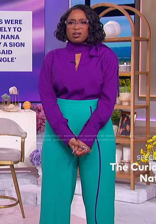Jennifer’s purple tie neck blouse and pants on The Jennifer Hudson Show