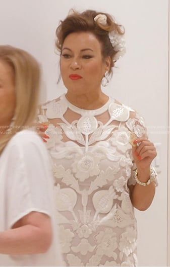 Jennifer’s white floral embroidered sheer dress on The Real Housewives of Beverly Hills
