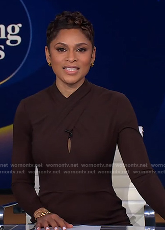 Jericka’s brown cross neck sheath dress on CBS Evening News