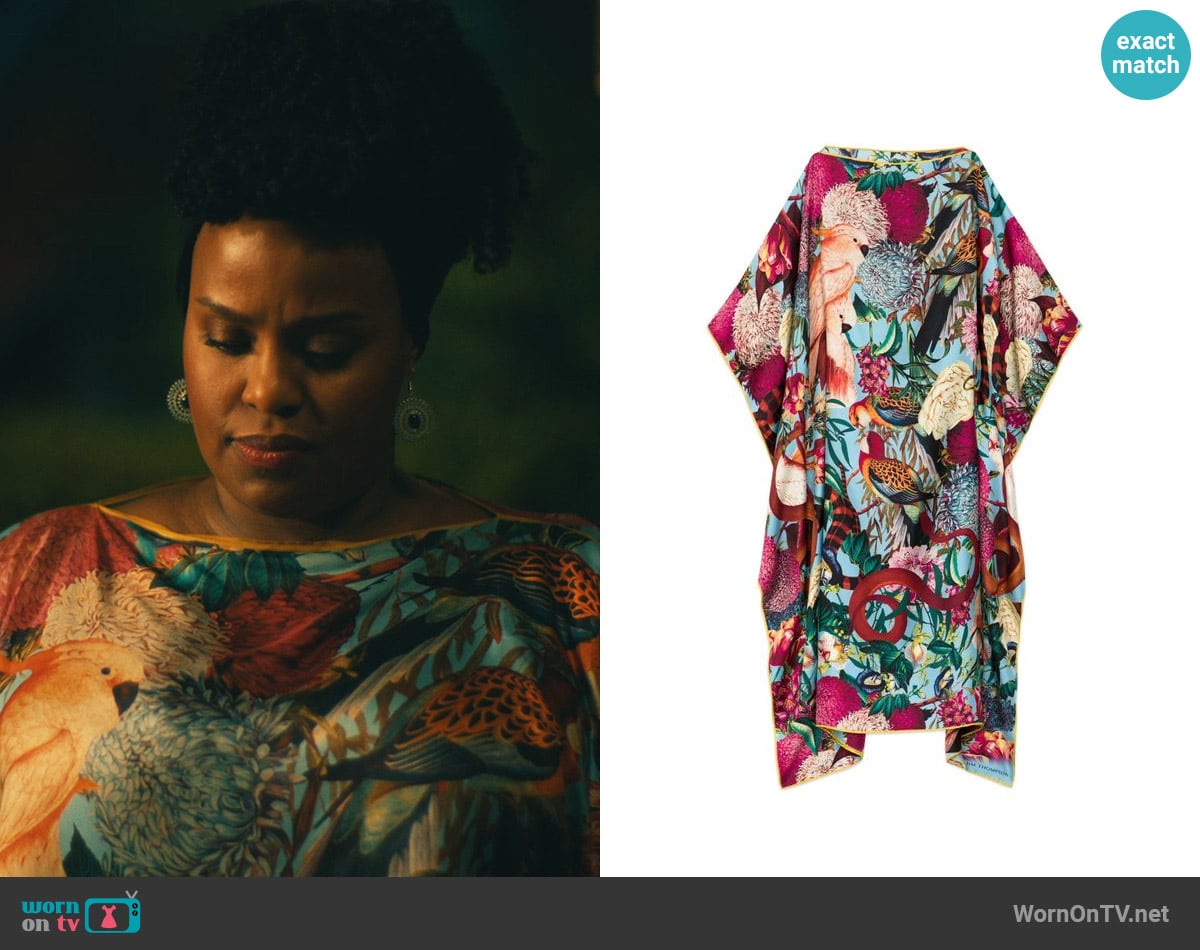 Jim Thompson Cockatoo Silk Scarf Kaftan Dress worn by Belinda Lindsey (Natasha Rothwell) on The White Lotus