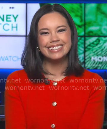 Jo Ling Kent’s red cardigan with gold buttons on CBS Mornings