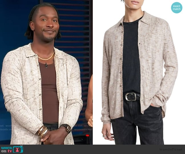 John Varvatos Carvaggio Slub Collared Cardigan worn by Scott Evans on Access Hollywood