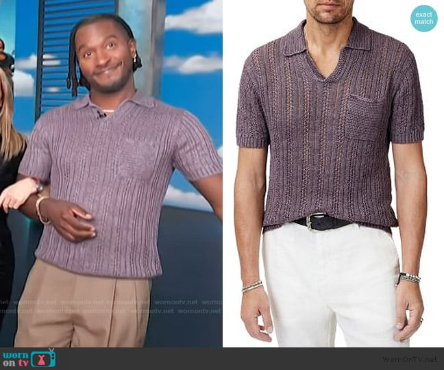 John Varvatos Odin Linen Sweater Polo worn by Scott Evans on Access Hollywood
