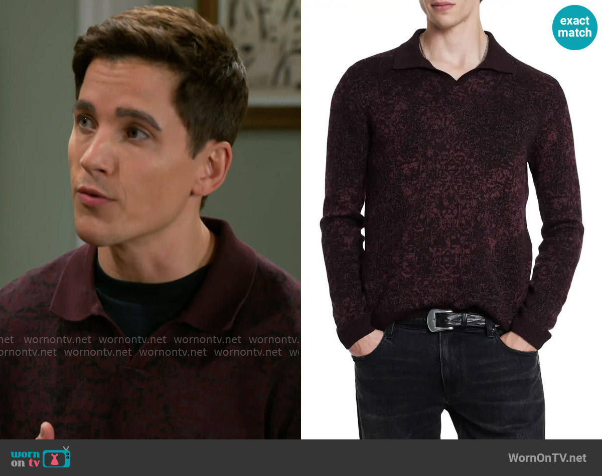 John Varvatos Oliver Polo in Dark Plum worn by Bradley 'Smitty' Smith (Mike Manning) on Beyond the Gates