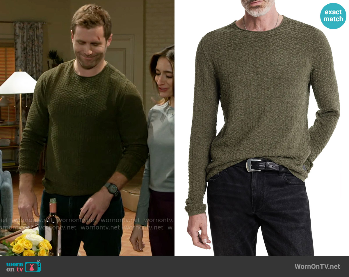 John Varvatos Riley Textured Sweater in Teakwood worn by Derek Baldwin (Ben Gavin) on Beyond the Gates