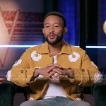 John Legend’s yellow floral textured knit jacket on The Voice