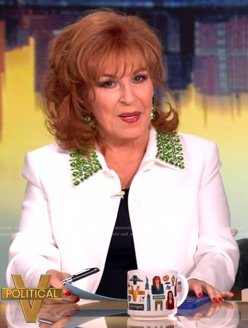Joy’s white jewel embellished jacket on The View