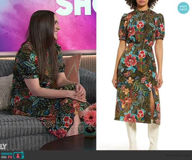 Julia Jordan Floral Print Tie Neck Midi Dress worn by Kate Milligan on The Kelly Clarkson Show
