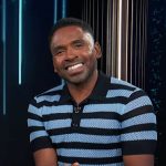 Justin’s blue stripe knit polo on E! News