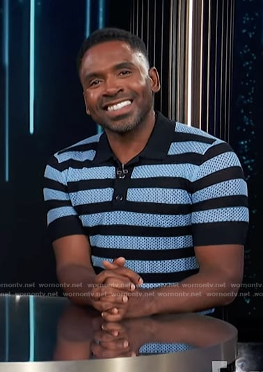 Justin’s blue stripe knit polo on E! News