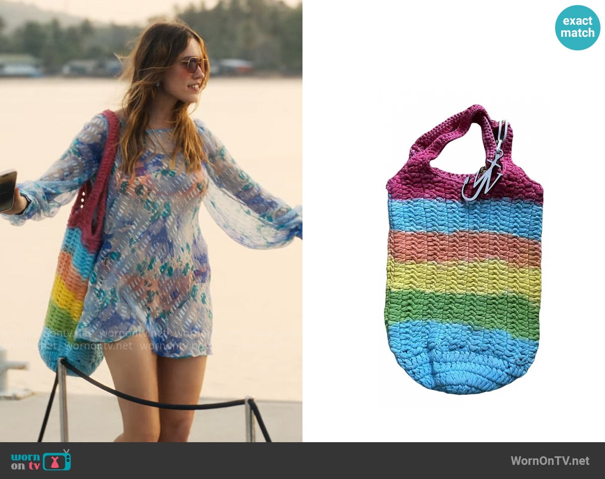 JW Anderson Rainbow Knitted Hobo Shopper Bag worn by Chelsea (Aimee Lou Wood) on The White Lotus