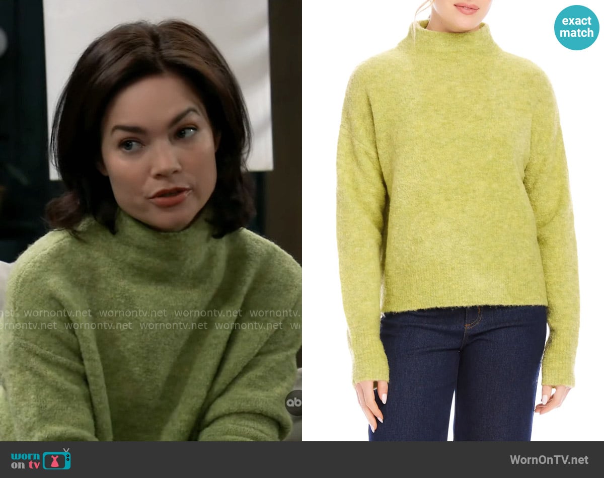 Karen Kane Funnel Neck Bouclé Sweater in Moss worn by Elizabeth Webber (Rebecca Herbst) on General Hospital