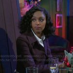 Kat’s burgundy pinstripe jacket and skirt on Beyond the Gates