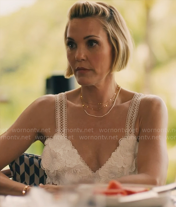 Kate’s white floral applique bikini top on The White Lotus