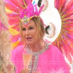 Kathy’s pink feather trim pleated dress on The Real Housewives of Beverly Hills