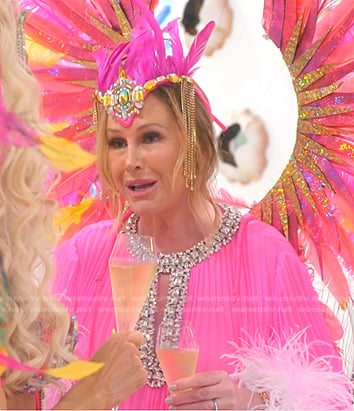 Kathy’s pink feather trim pleated dress on The Real Housewives of Beverly Hills