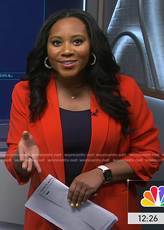 Kay Angrum’s red ruched sleeve blazer on NBC News Daily