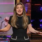 Kelly’s black embellished trim tweed dress on The Kelly Clarkson Show