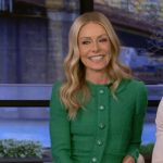 Kelly’s green tweed button down dress on Live with Kelly and Mark