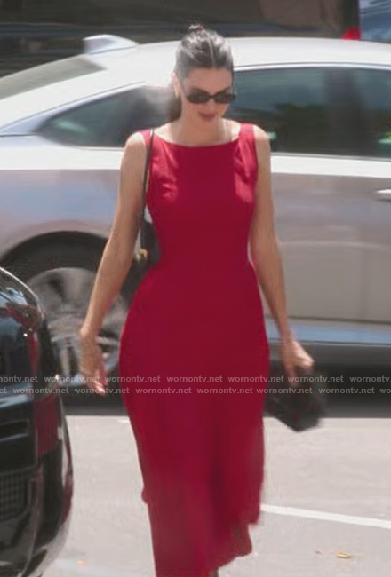 Kendall’s red sleeveless flare dress on The Kardashians