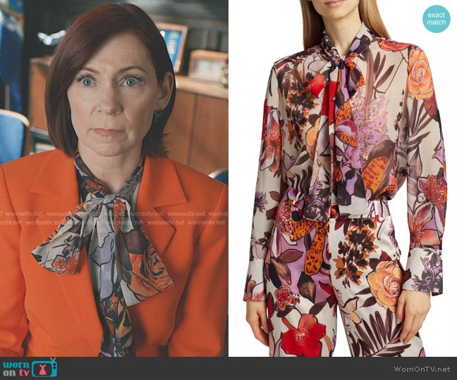Kobi Halperin Luna Floral Tie-Neck Blouse worn by Elsbeth Tascioni (Carrie Preston) on Elsbeth