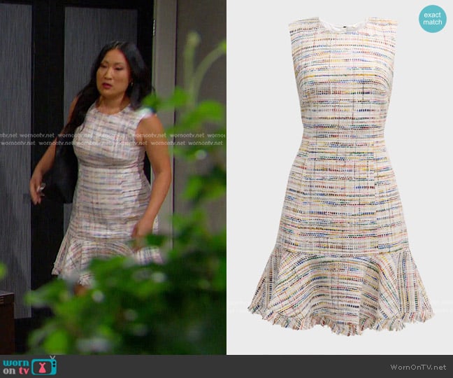 Kobi Halperin Roe Sleeveless Tweed Midi Dress worn by Melinda Trask (Tina Huang) on Days of our Lives