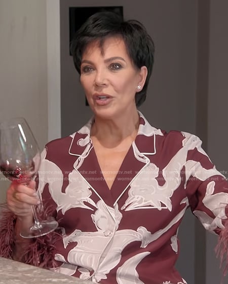 Kris’s burgundy printed feather cuff top on The Kardashians