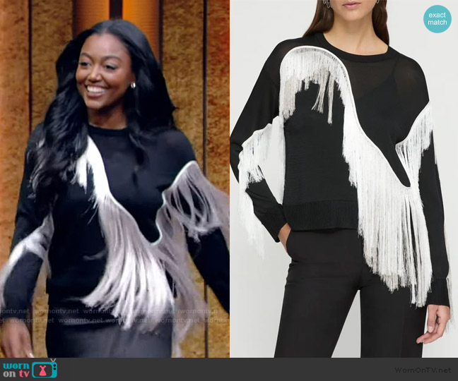 Lafayette 148 Embroidered Fringe Crewneck Sweater worn by Patina Miller on Live with Kelly and Mark
