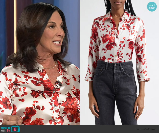 L'Agence Dani Button-Front Silk Blouse worn by Emily Kaufman on The Kelly Clarkson Show