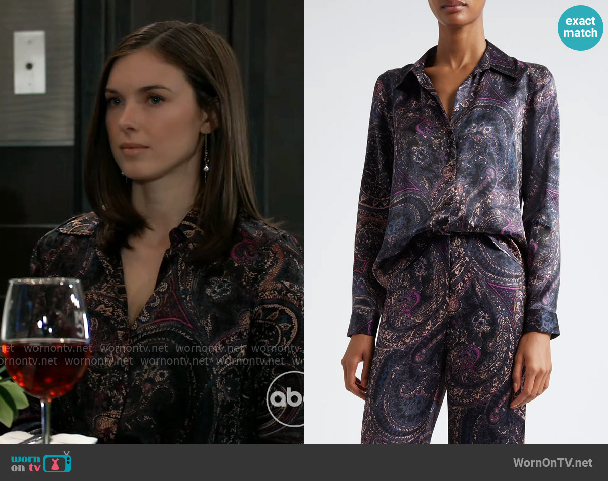 L'Agence Tyler Shirt in Plum Multi Boute Paisley worn by Willow Tait (Katelyn MacMullen) on General Hospital