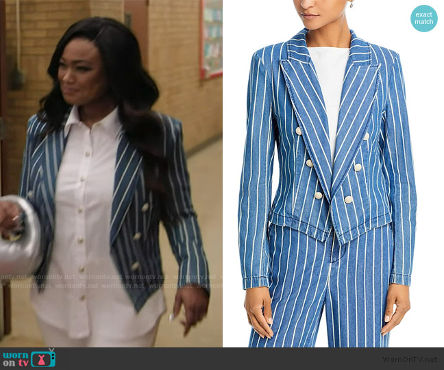 L'Agence Wayne Striped Denim Jacket worn by Crystal (Tatyana Ali) on Abbott Elementary