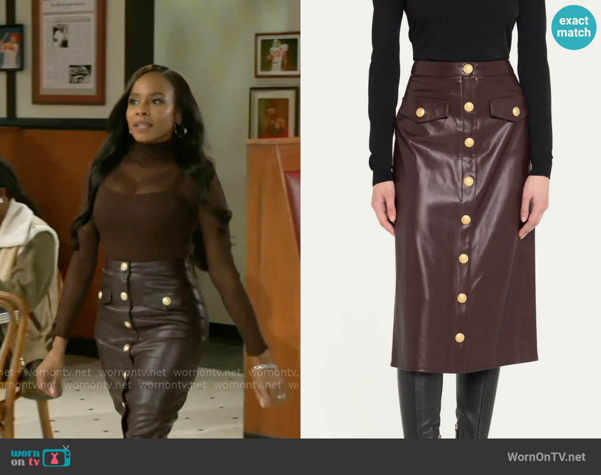 L'Agence Milann Vegan Leather Midi Skirt worn by Hayley Lawson (Marquita Goings) on Beyond the Gates