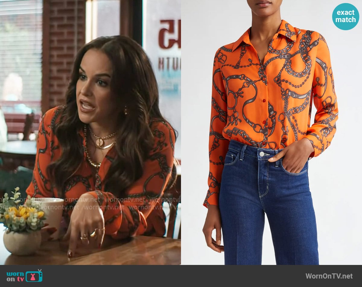 L'Agence Nina Silk Blouse in Orange Multi Buckle Chain worn by Birdie (Melissa Fumero) on Grosse Pointe Garden Society