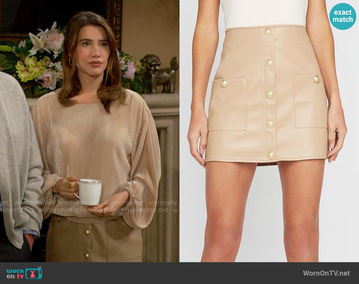 L'Agence Truman Snap Faux Leather Miniskirt worn by Steffy Forrester (Jacqueline MacInnes Wood) on The Bold and the Beautiful