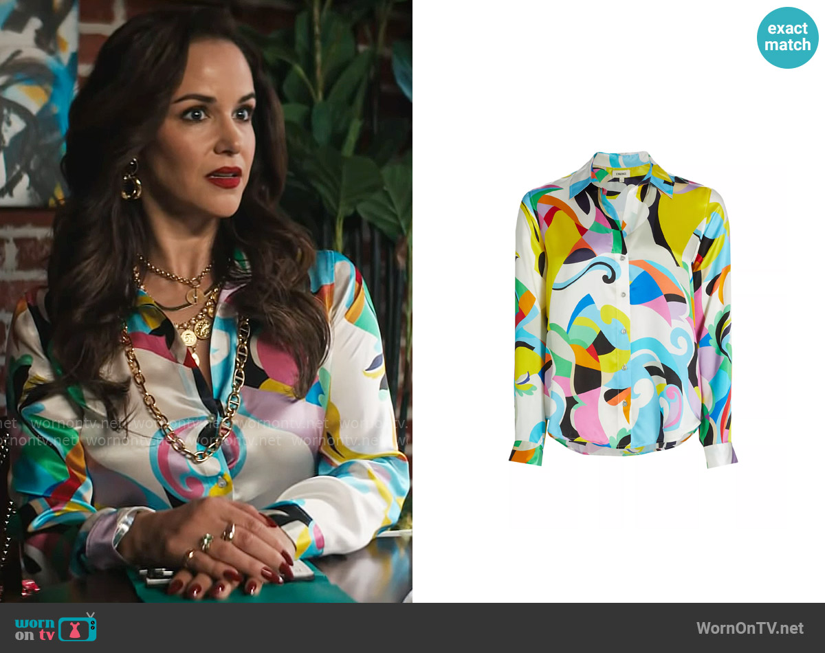 L'Agence Tyler Shirt in Multi Kaleidoscope worn by Birdie (Melissa Fumero) on Grosse Pointe Garden Society