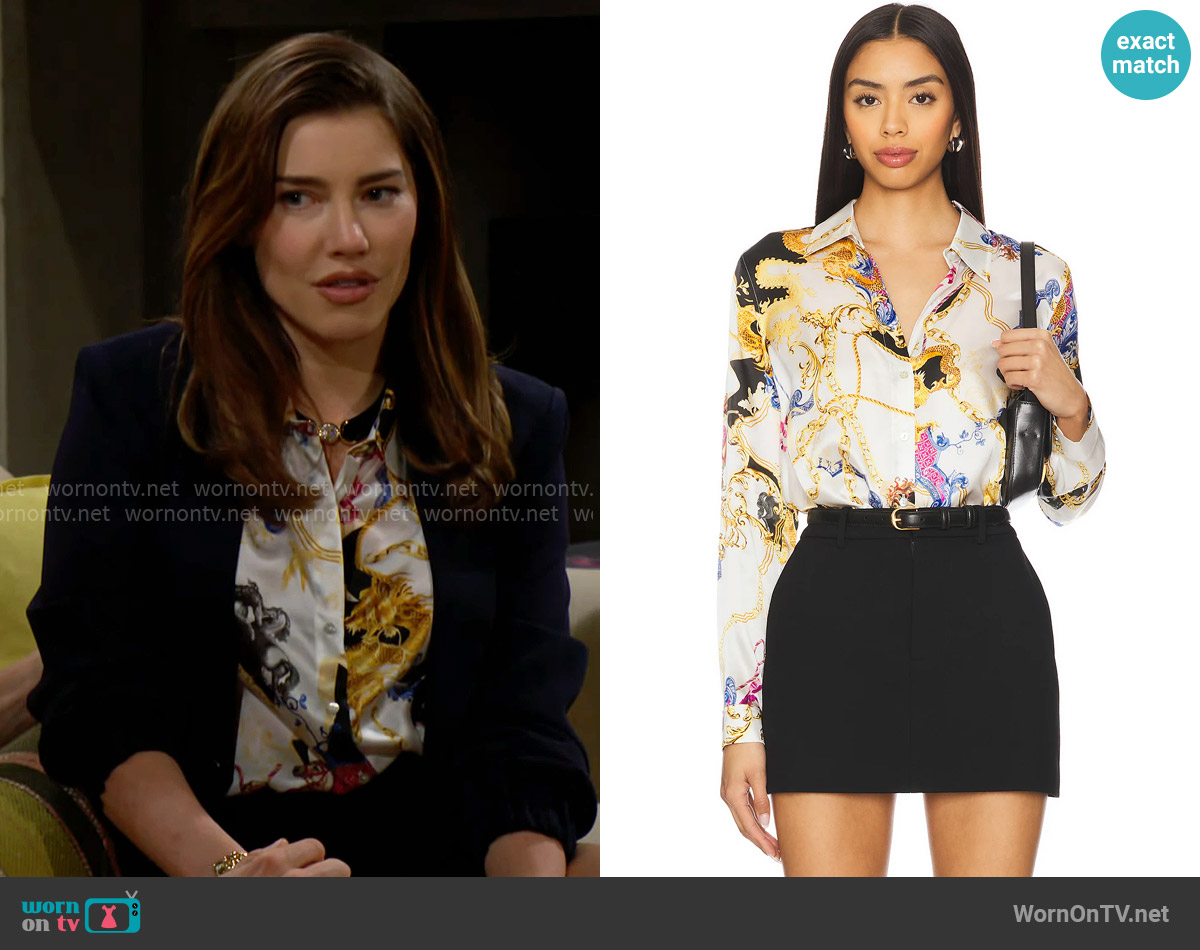L'Agence Tyler Blouse in White, Black, & Renaissance worn by Steffy Forrester (Jacqueline MacInnes Wood) on The Bold and the Beautiful