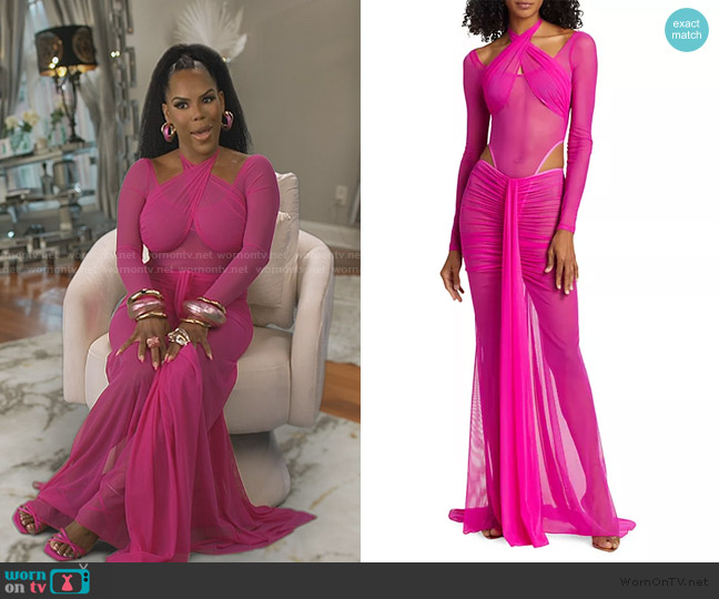 LaQuan Smith Mesh Halter High-Leg Bodysuit worn by Kelli Ferrell on The Real Housewives of Atlanta