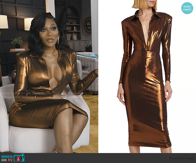 LaQuan Smith Metallic Strong-Shoulder Shrunken Blouse Bodysuit worn by Angela Oakley on The Real Housewives of Atlanta