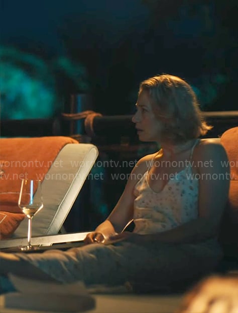 Laurie’s white printed cami and pants set on The White Lotus
