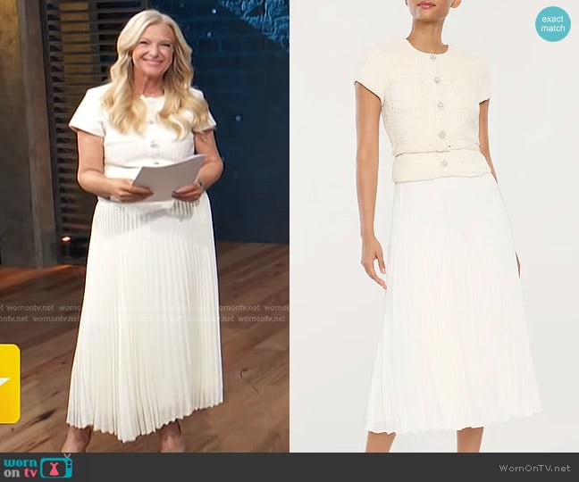 Likely Pamela Pleated Mixed Media Midi Dress in White worn by Alison Triessl on Access Hollywood