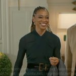 Linda’s teal ruched dress on Beyond the Gates