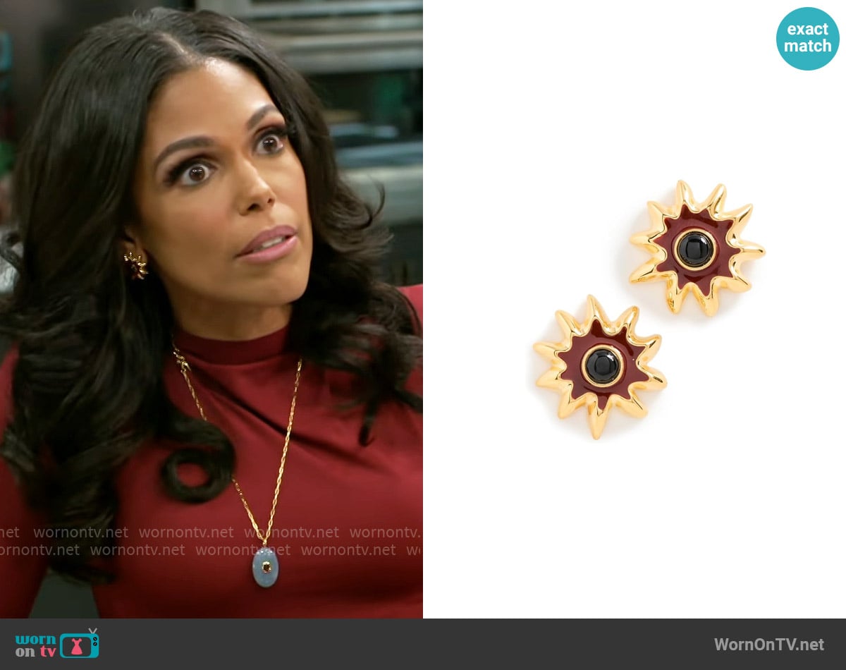 Lizzie Fortunato Helios Stud Earrings In Burgundy worn by Dani Dupree (Karla Mosley) on Beyond the Gates