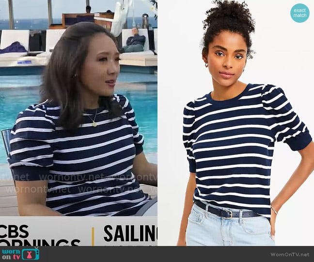 Loft Striped Puff Sleeve Sweatshirt worn by Nancy Chen on CBS Mornings