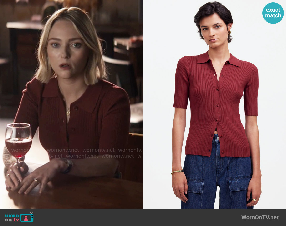 Madewell The Signature Knit Sweater Polo Tee in Claret worn by Alice (AnnaSophia Robb) on Grosse Pointe Garden Society
